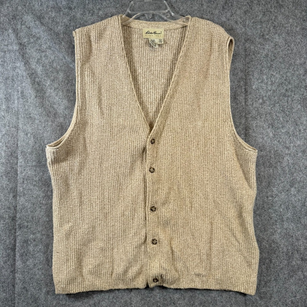 Vtg 90s Eddie Bauer Sweater Vest Cardigan Mens Large Beige Chunky Knit USA Made